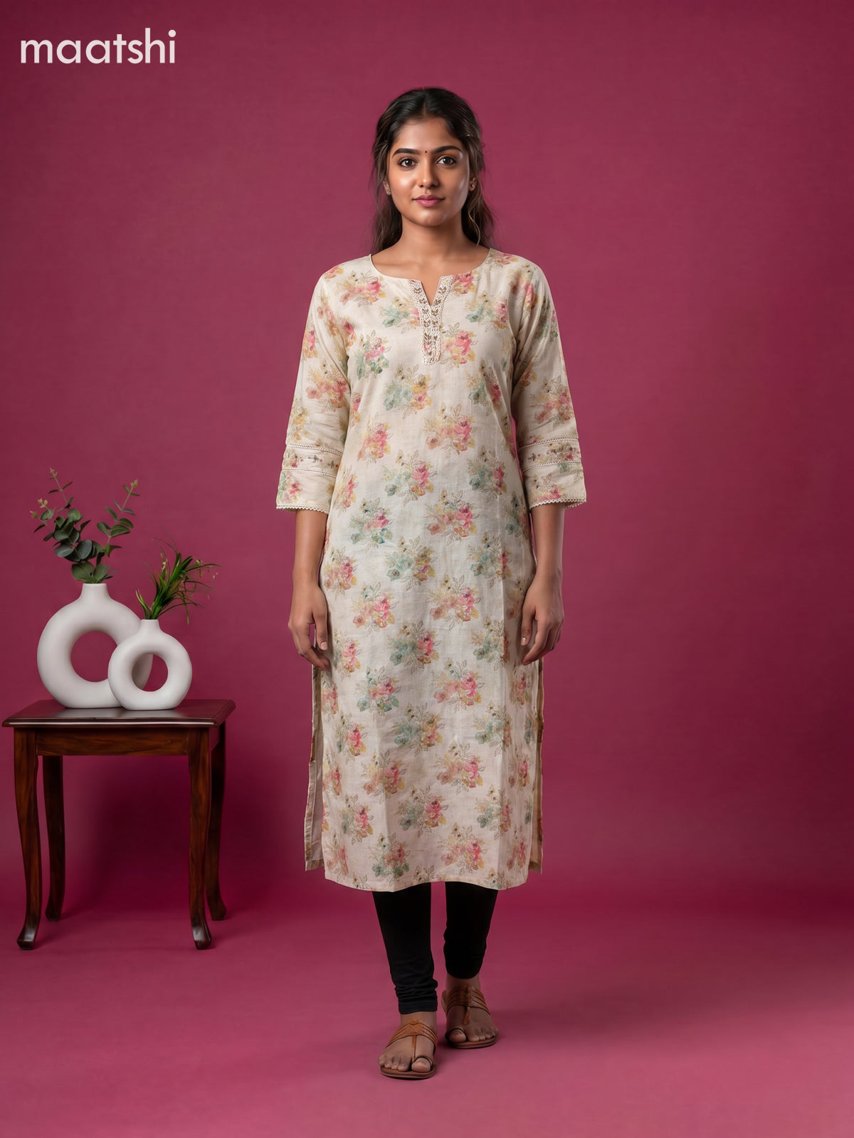 Sandal Linen Cotton Printed & Embroidery Work Straight Kurti