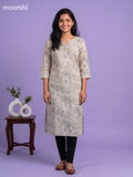 Off White and Grey Linen Cotton Printed & Embroidery Work Straight Kurti