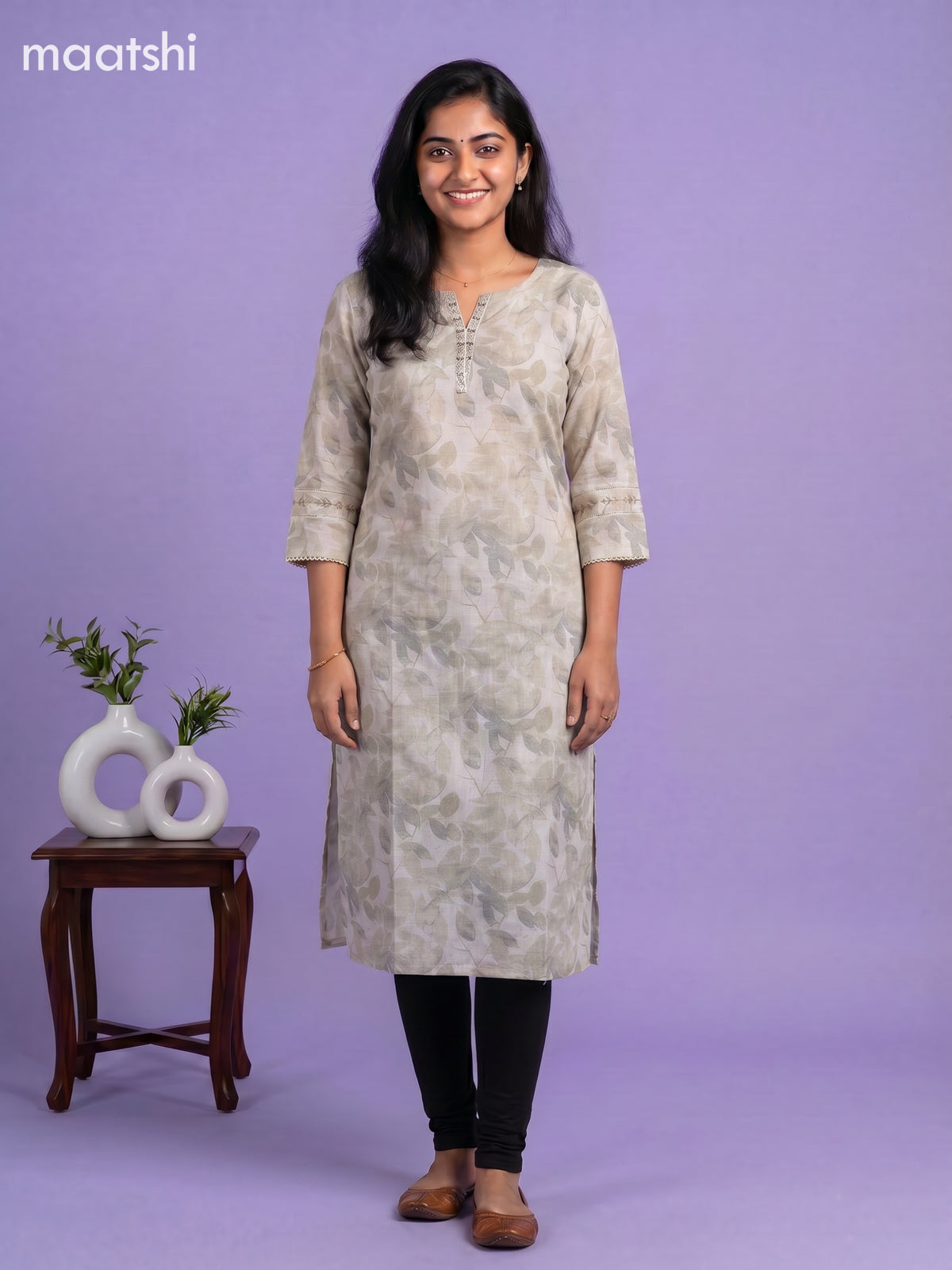 Off White and Grey Linen Cotton Printed & Embroidery Work Straight Kurti