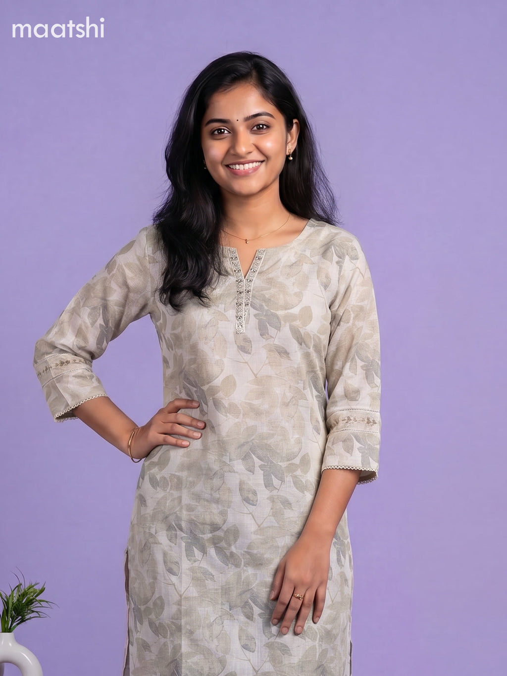 Off White and Grey Linen Cotton Printed & Embroidery Work Straight Kurti