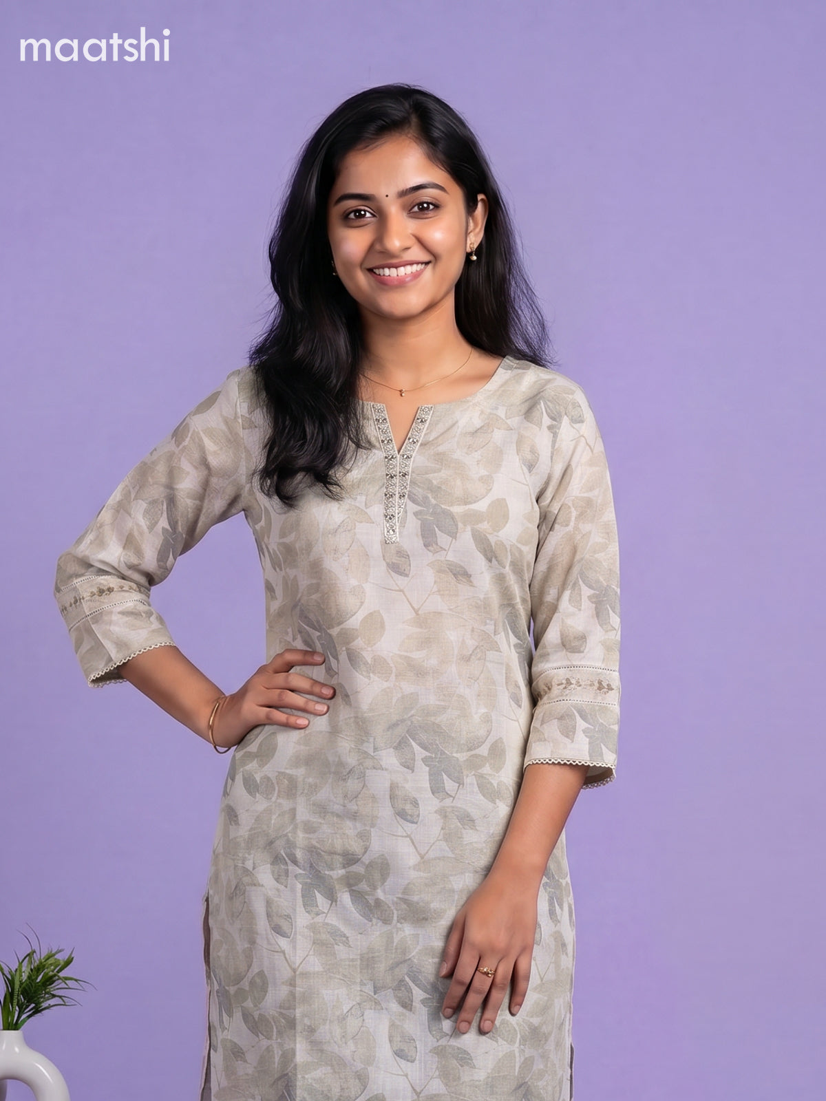 Off White and Grey Linen Cotton Printed & Embroidery Work Straight Kurti