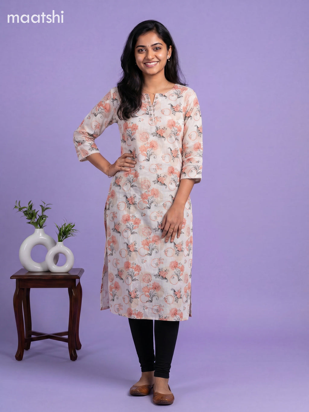 Cream and Orange Linen Cotton Printed & Embroidery Work Straight Kurti