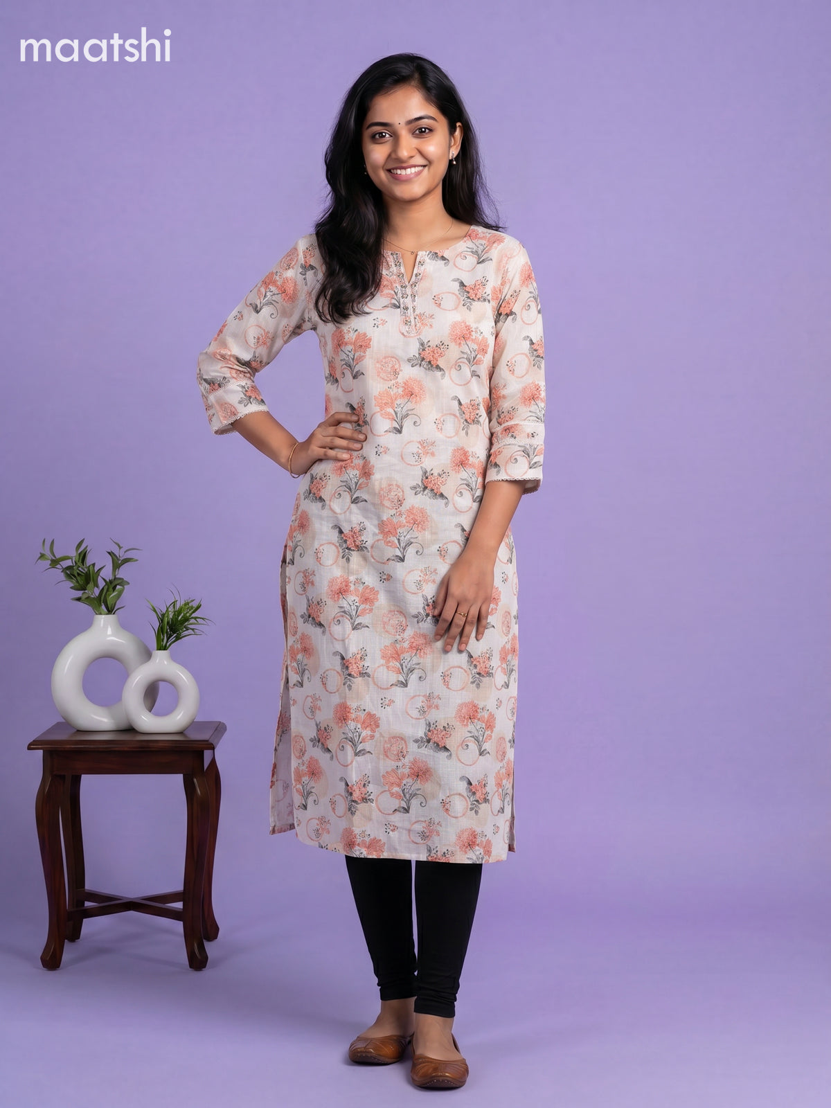 Cream and Orange Linen Cotton Printed & Embroidery Work Straight Kurti