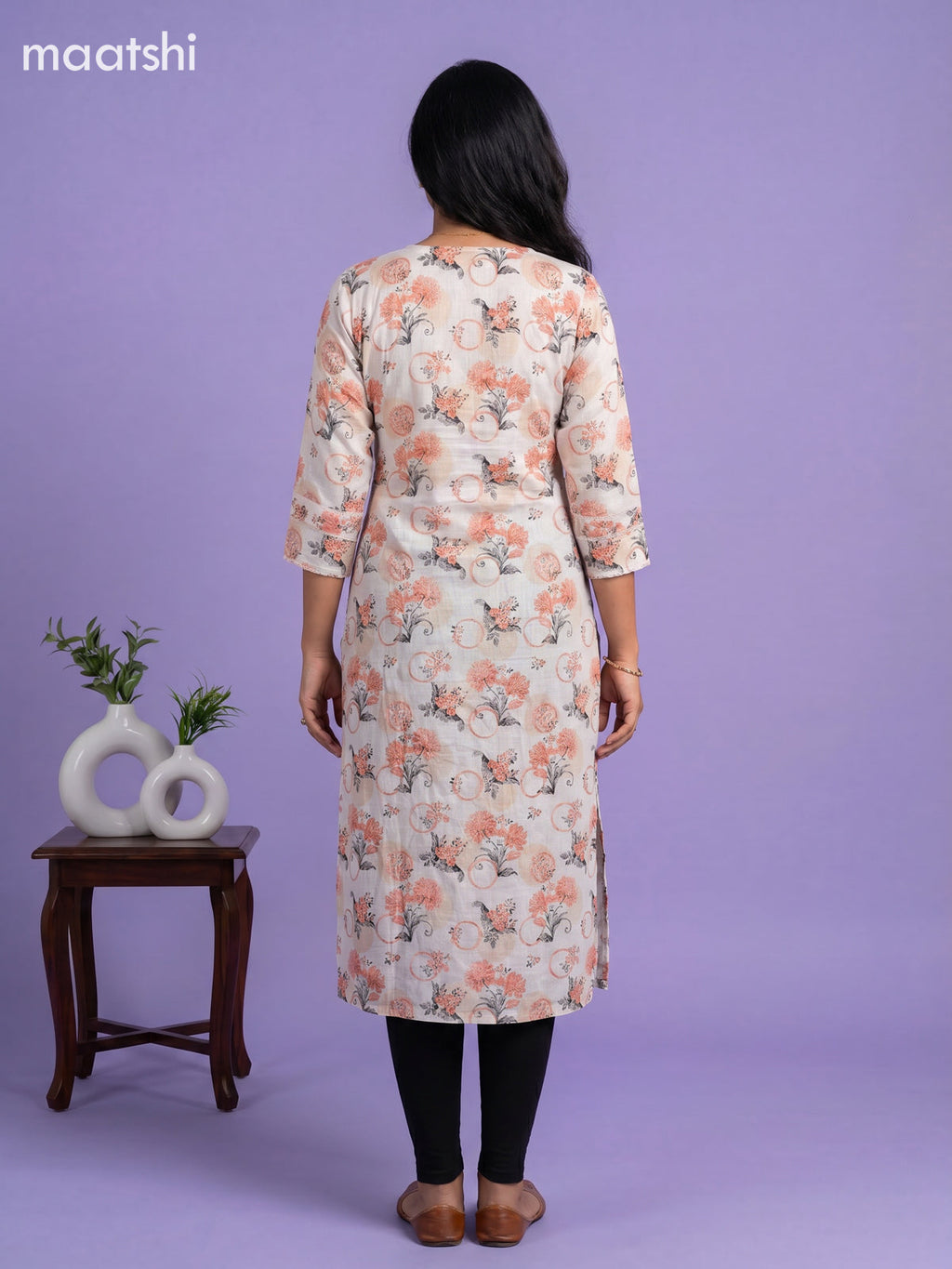 Cream and Orange Linen Cotton Printed & Embroidery Work Straight Kurti