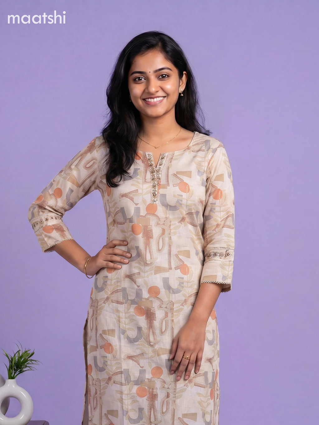 Sandal and Linen Cotton Printed & Embroidery Work Straight Kurti