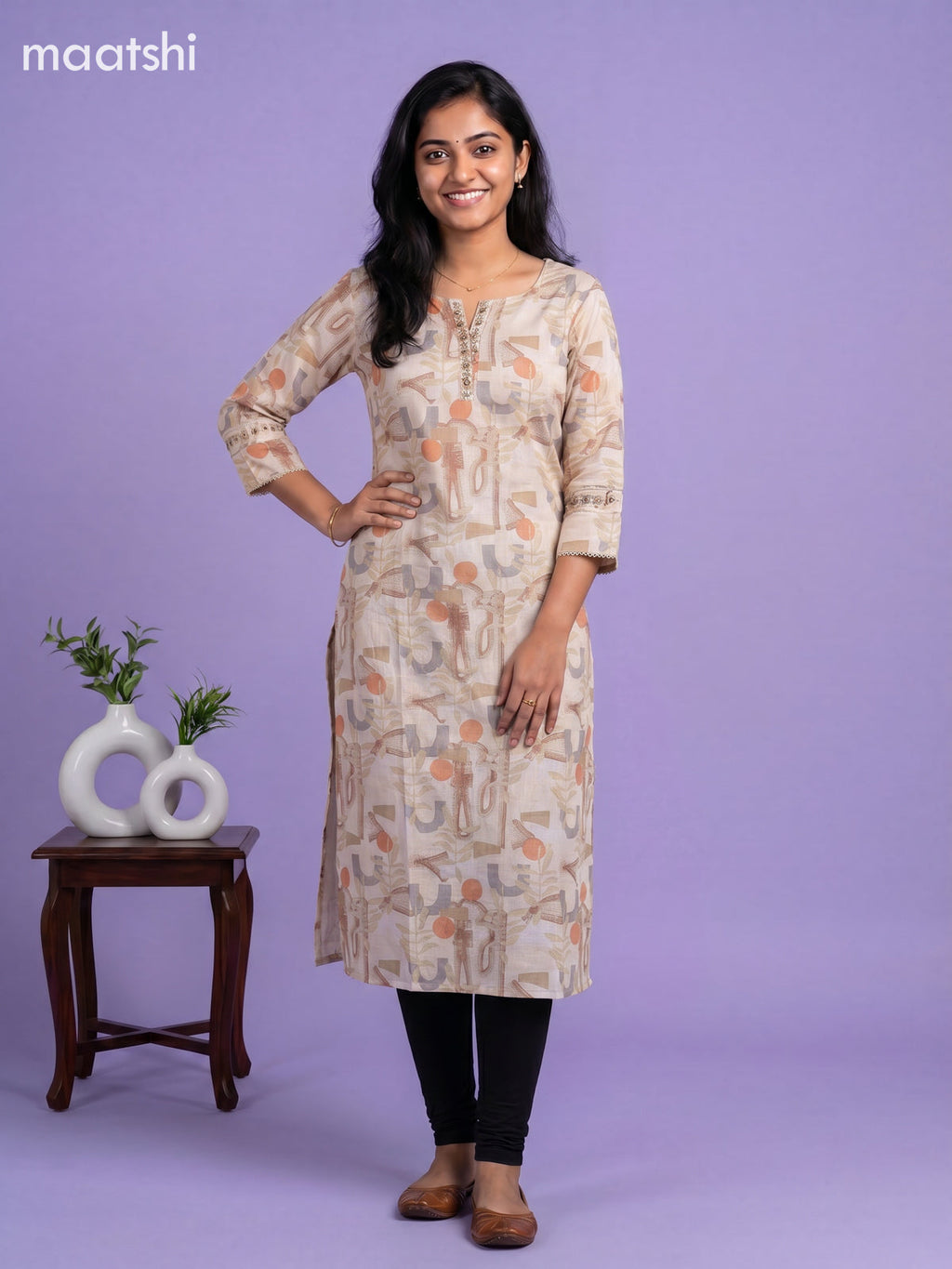 Sandal and Linen Cotton Printed & Embroidery Work Straight Kurti