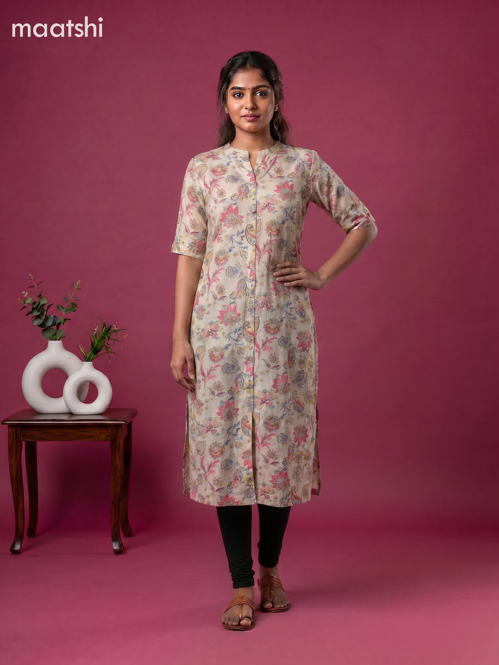 Pale Yellow and Multicolour Linen Cotton Printed Straight Kurti