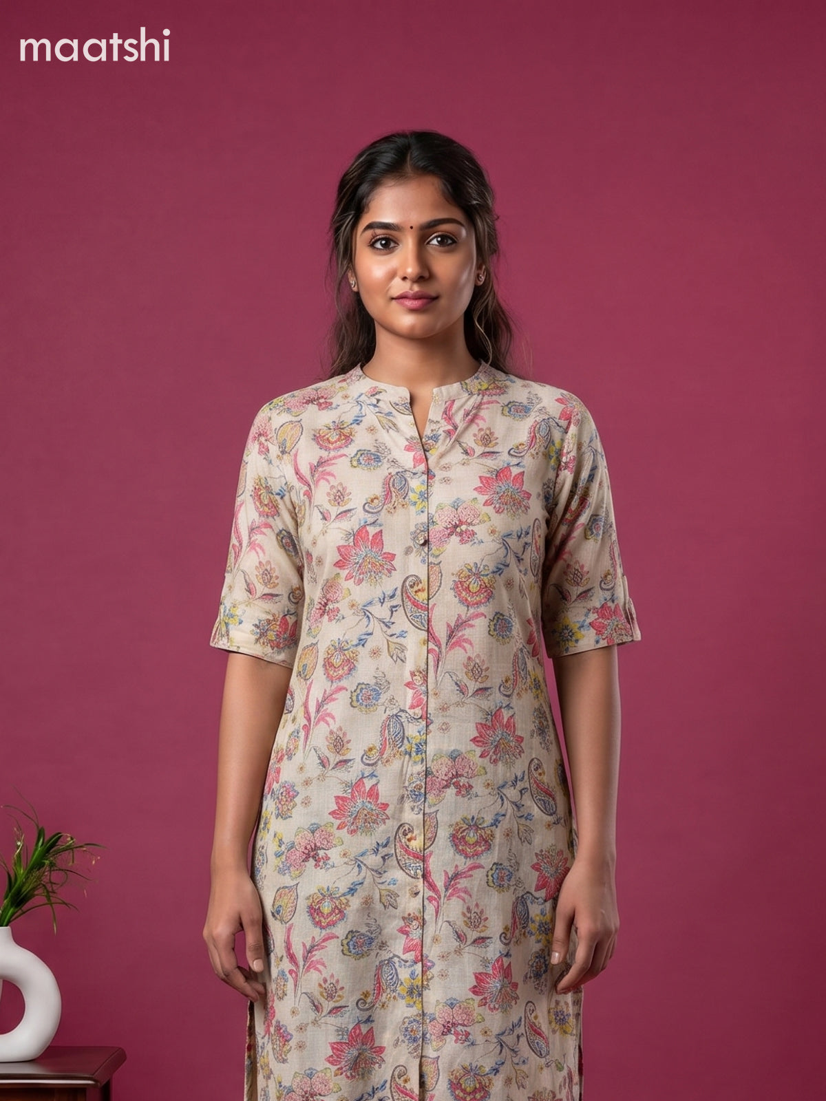Pale Yellow and Multicolour Linen Cotton Printed Straight Kurti