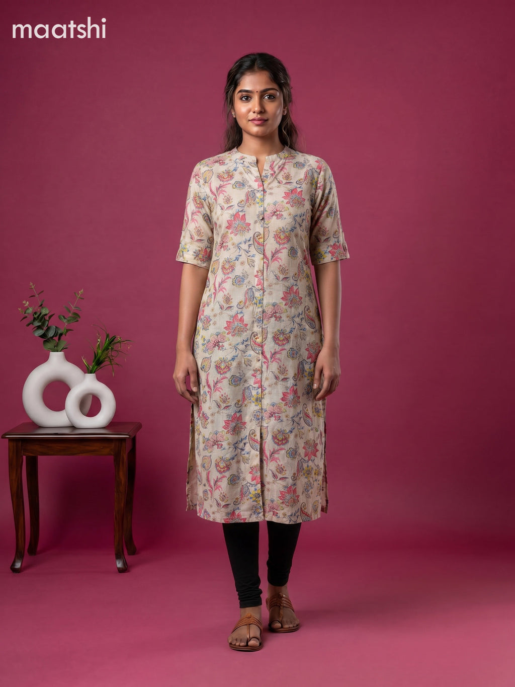 Pale Yellow and Multicolour Linen Cotton Printed Straight Kurti