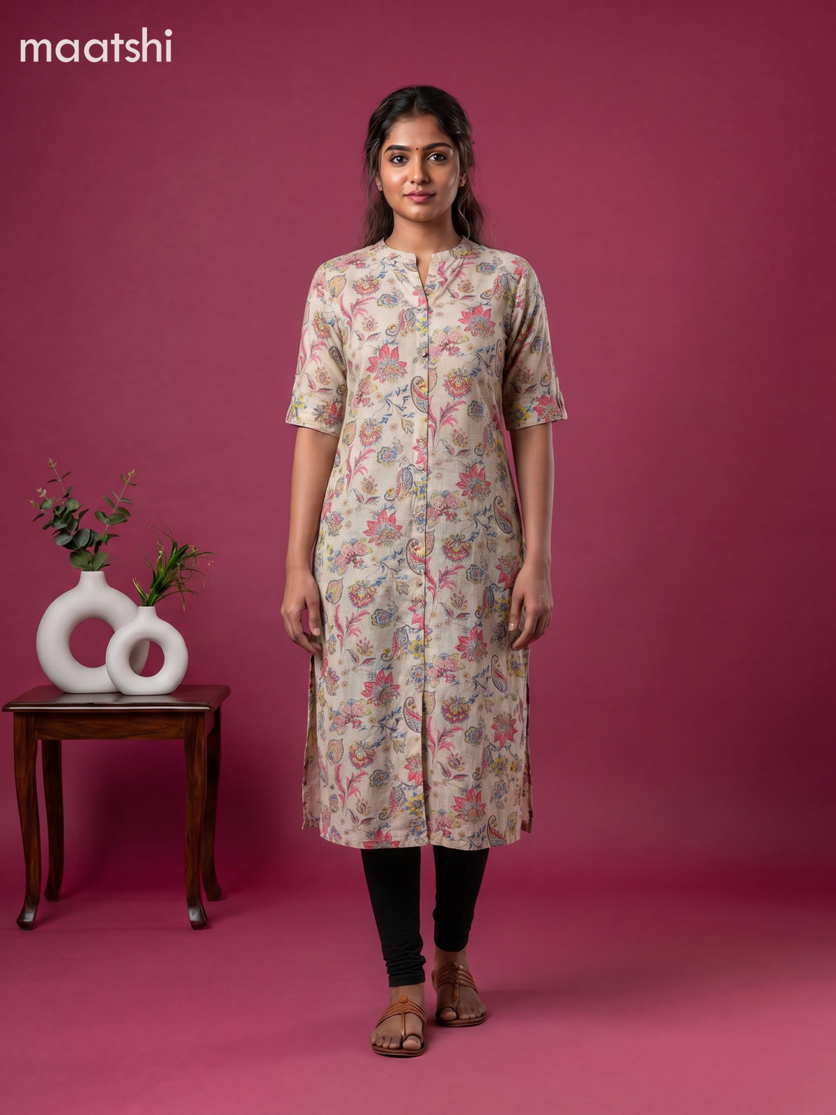 Pale Yellow and Multicolour Linen Cotton Printed Straight Kurti