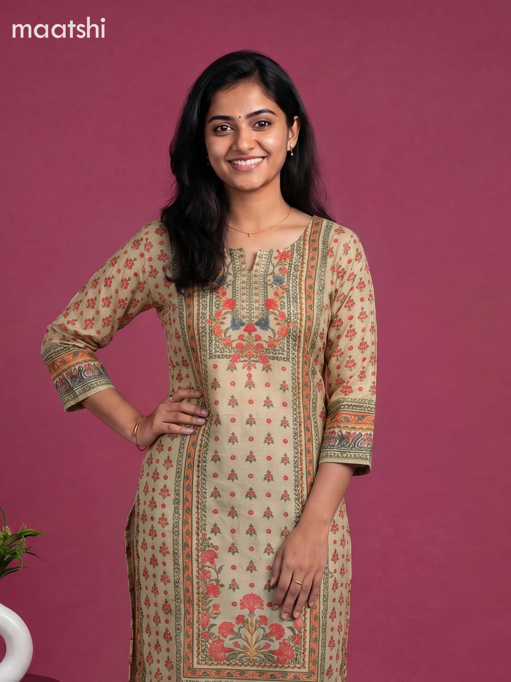 Pale Yellow and Peach Pink Muslin Printed Staight Kurti