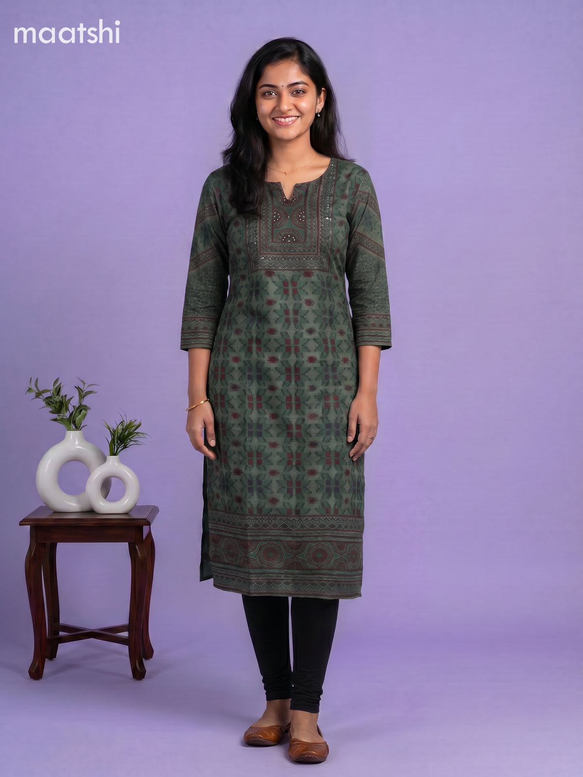 Sap Green and Maroon Muslin Printed Staight Kurti