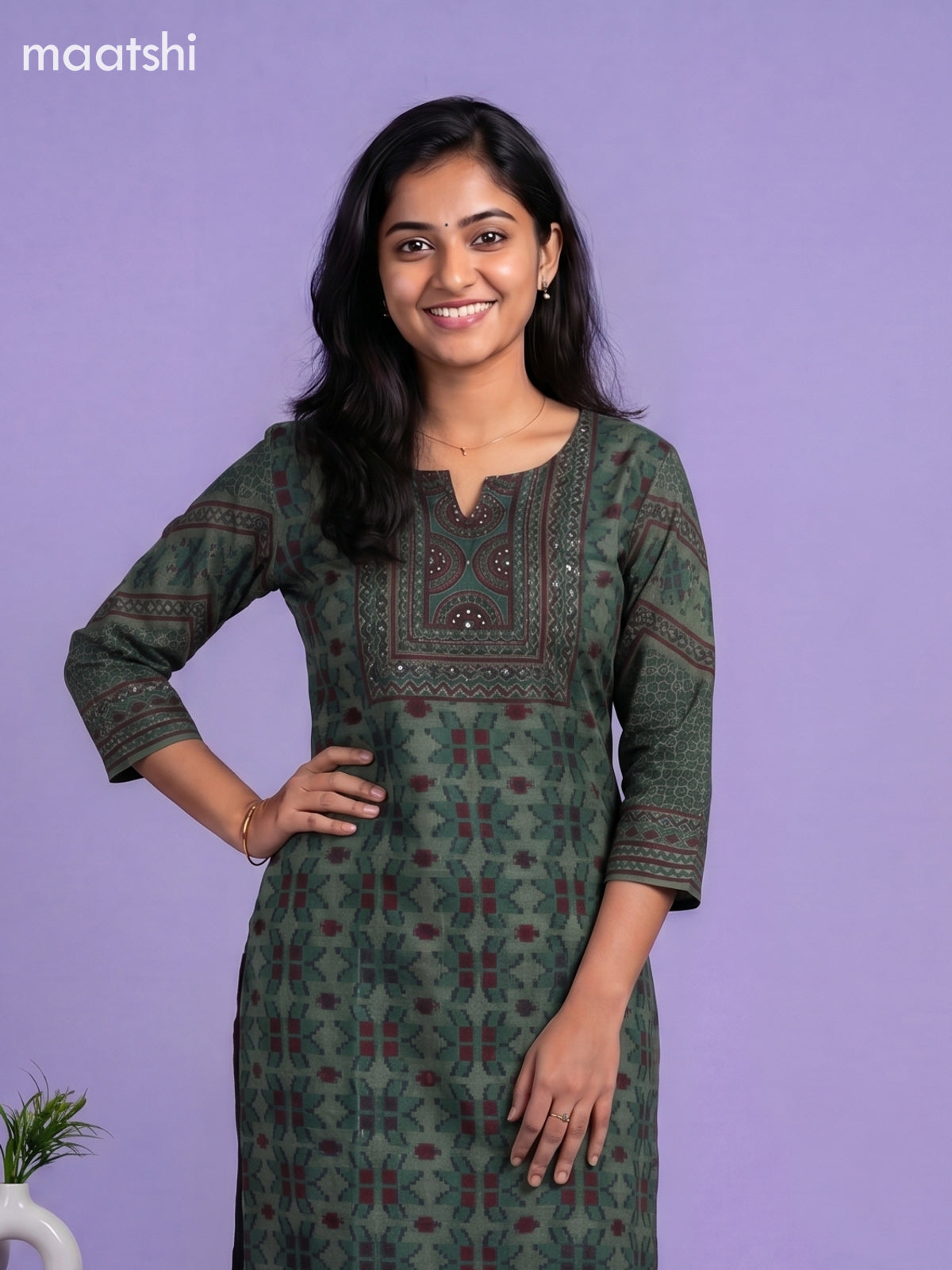 Sap Green and Maroon Muslin Printed Staight Kurti