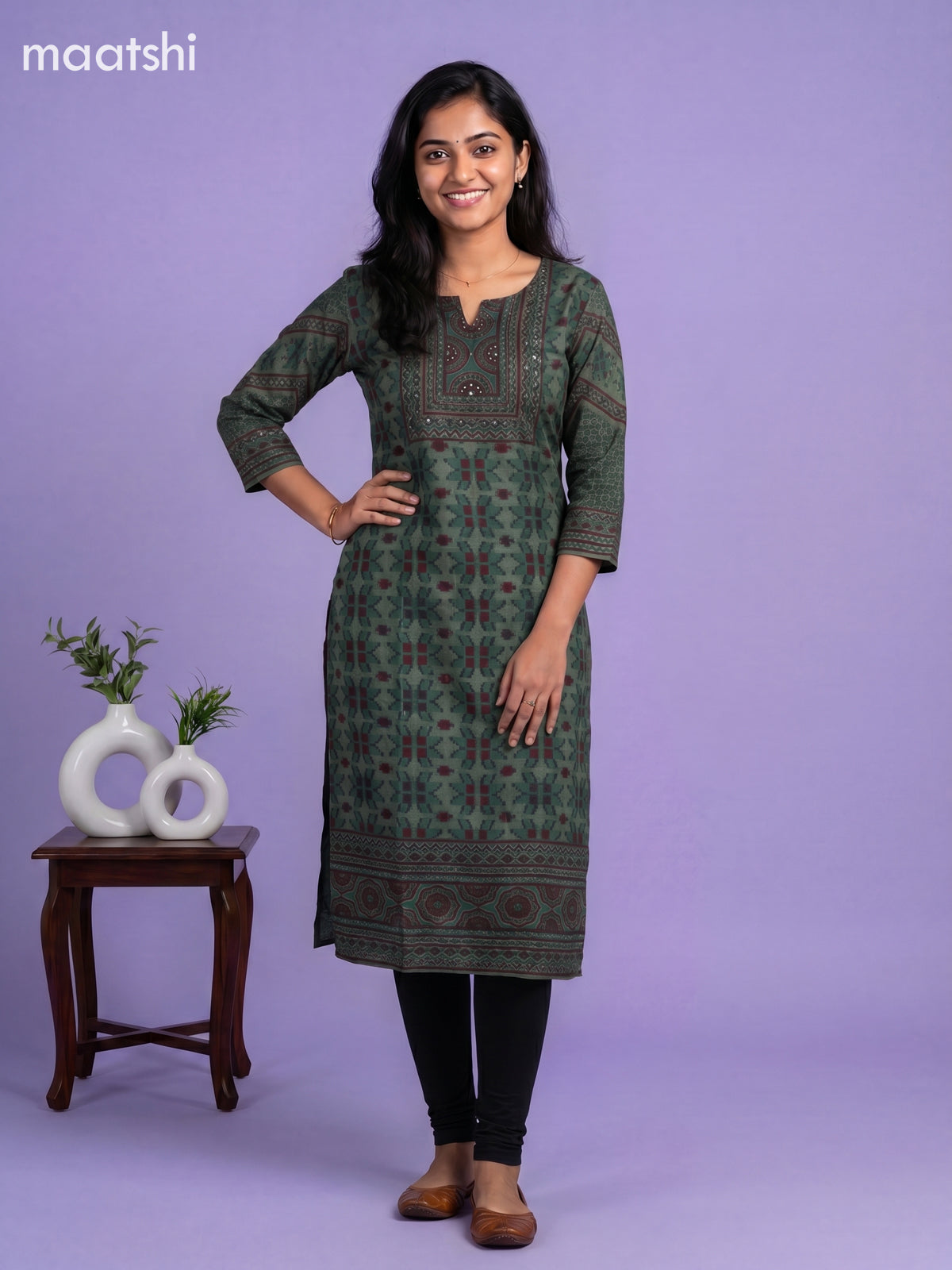 Sap Green and Maroon Muslin Printed Staight Kurti
