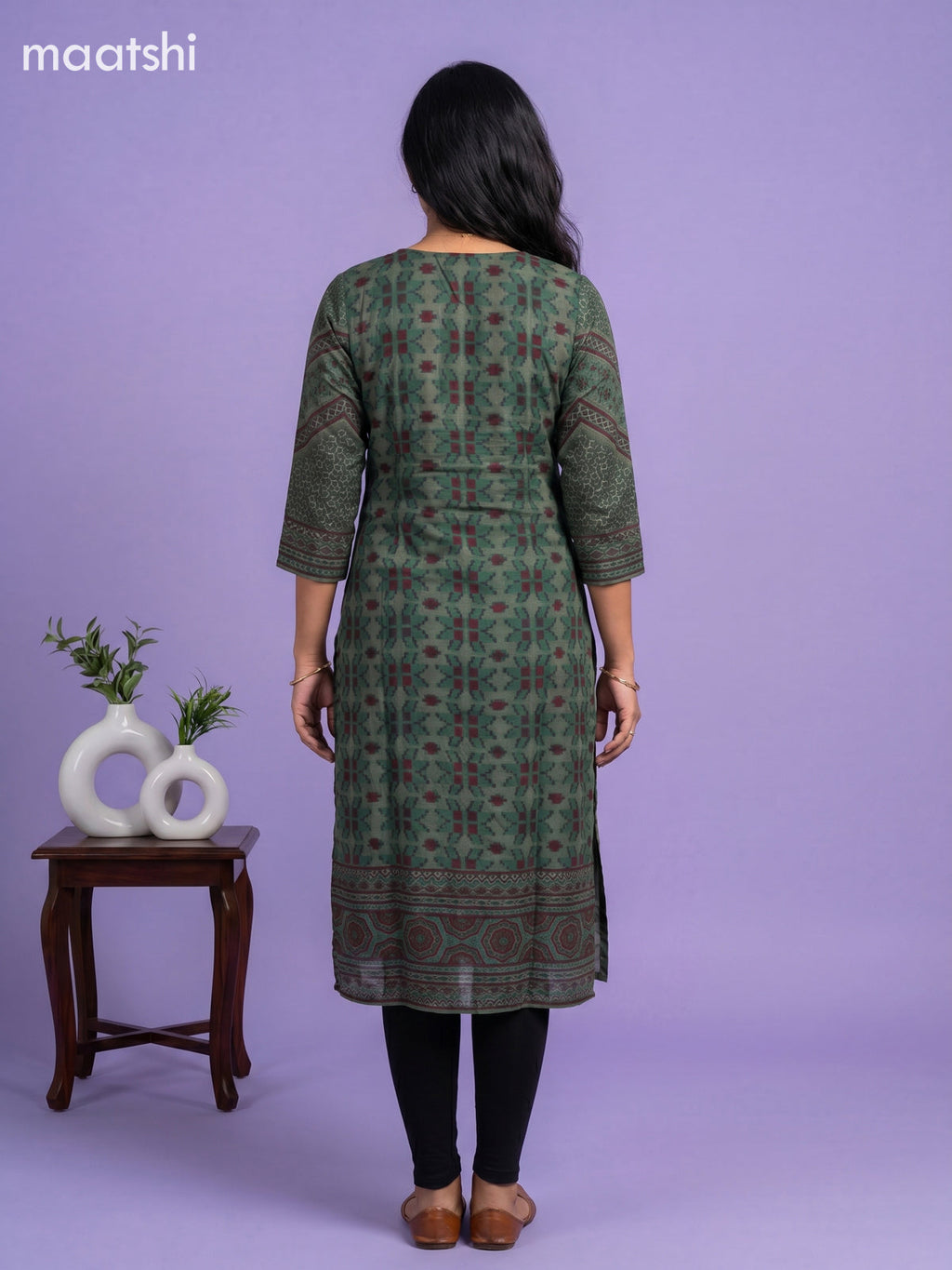 Sap Green and Maroon Muslin Printed Staight Kurti