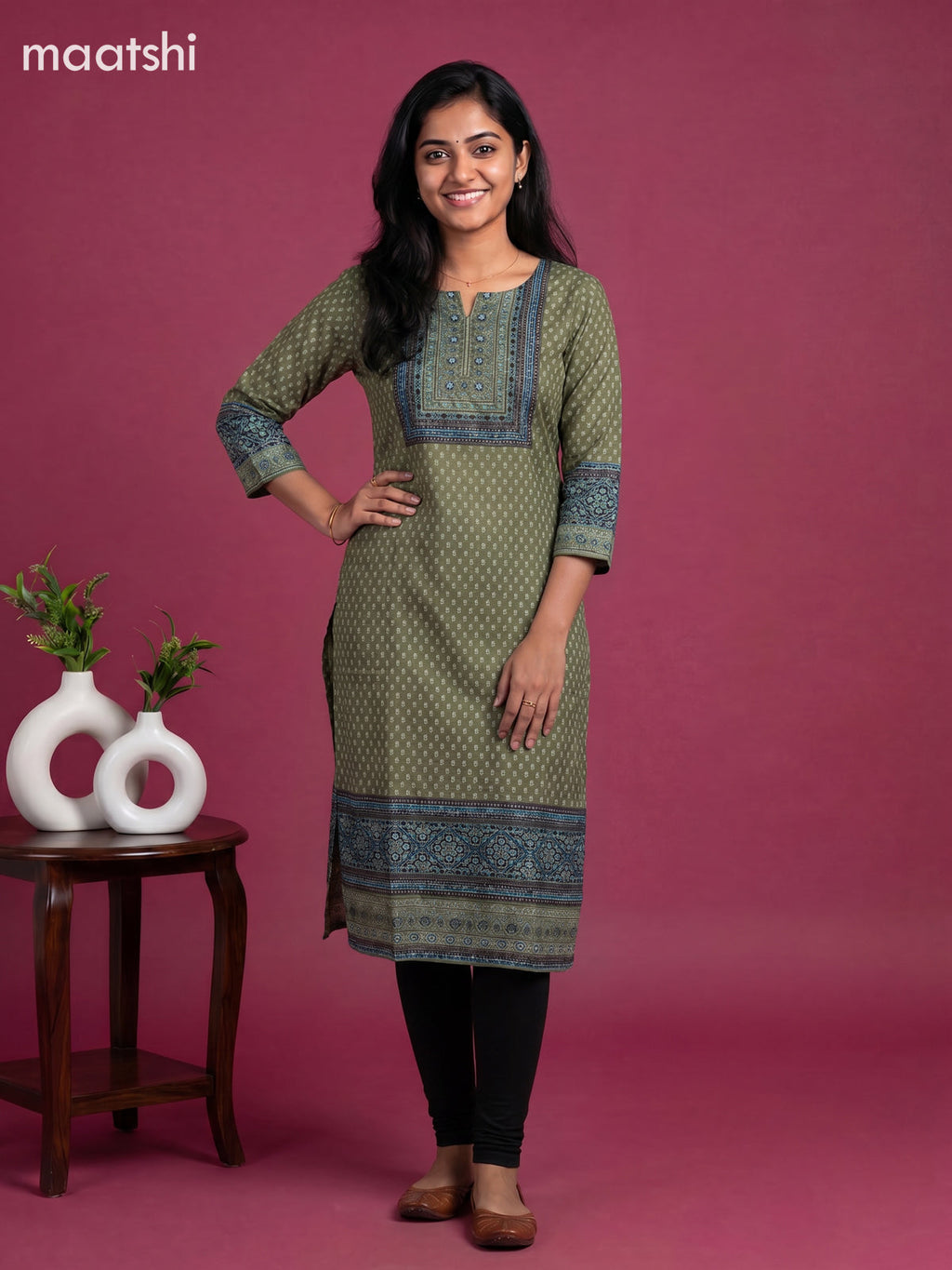 Mehandi Green and Light Blue Muslin Printed Staight Kurti