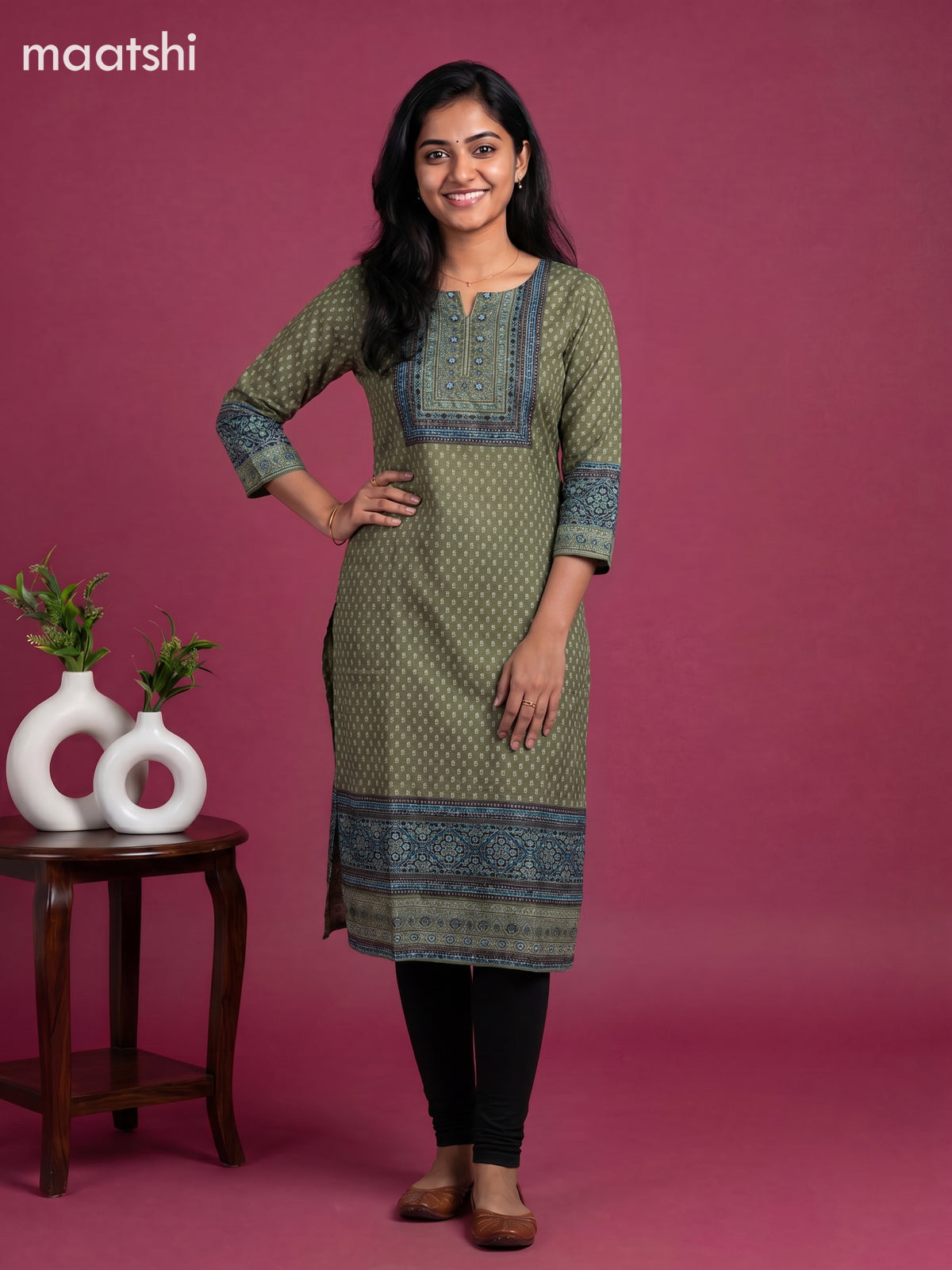 Mehandi Green and Light Blue Muslin Printed Staight Kurti