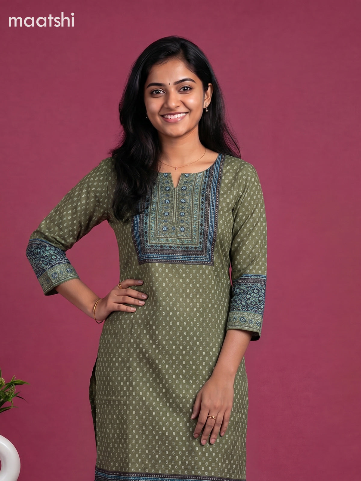Mehandi Green and Light Blue Muslin Printed Staight Kurti