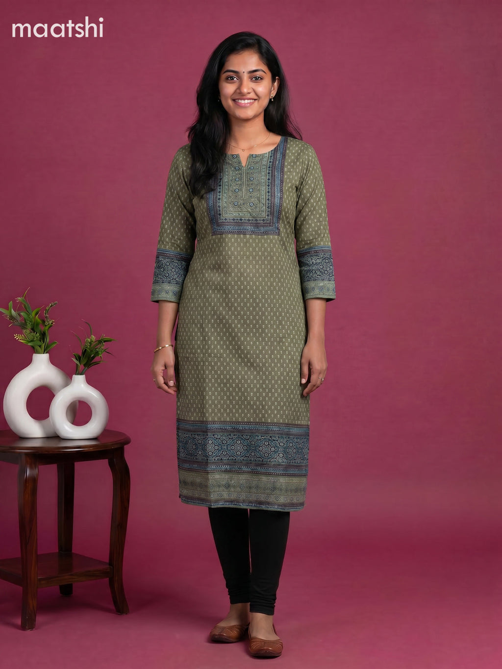 Mehandi Green and Light Blue Muslin Printed Staight Kurti