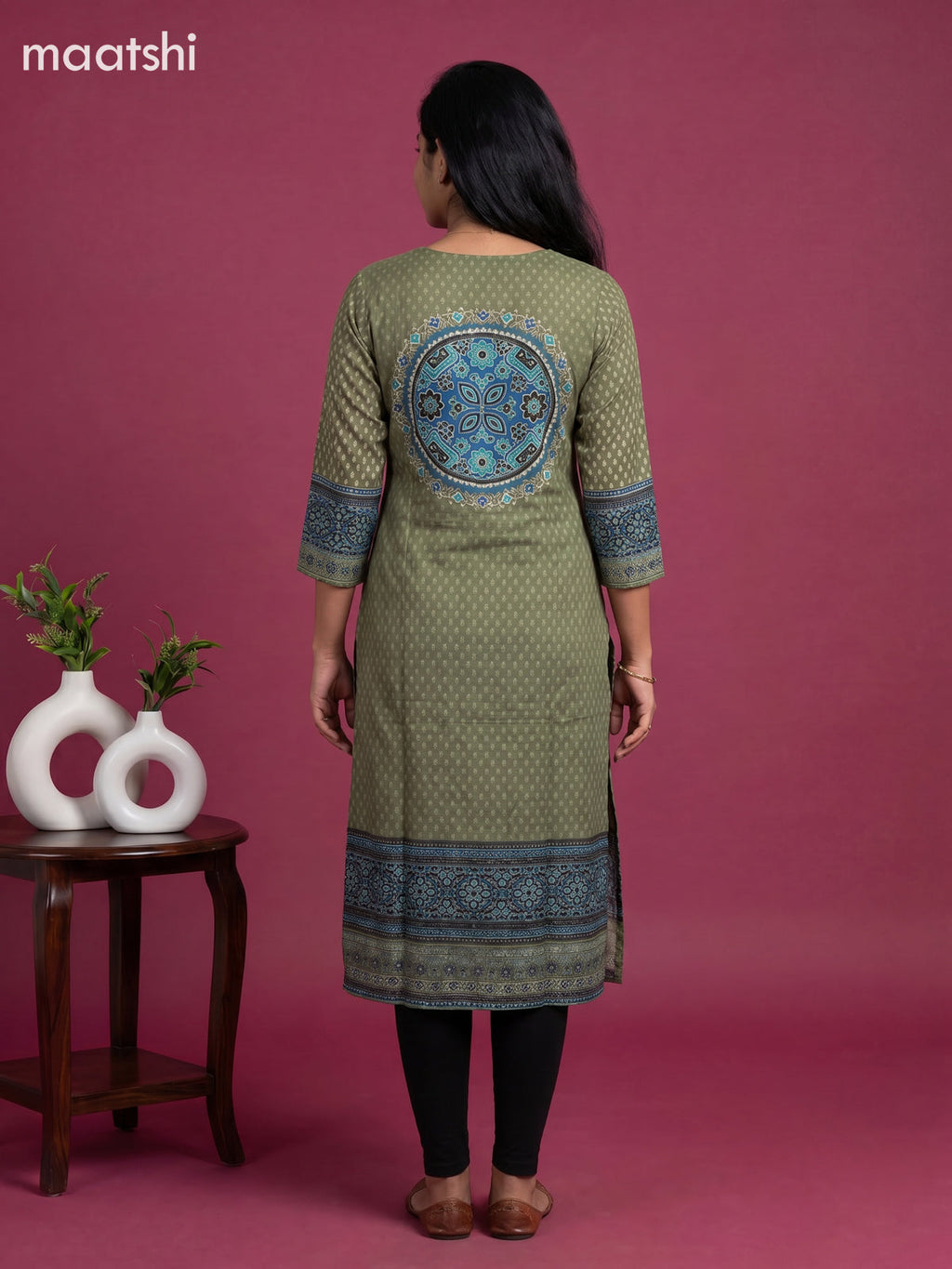 Mehandi Green and Light Blue Muslin Printed Staight Kurti