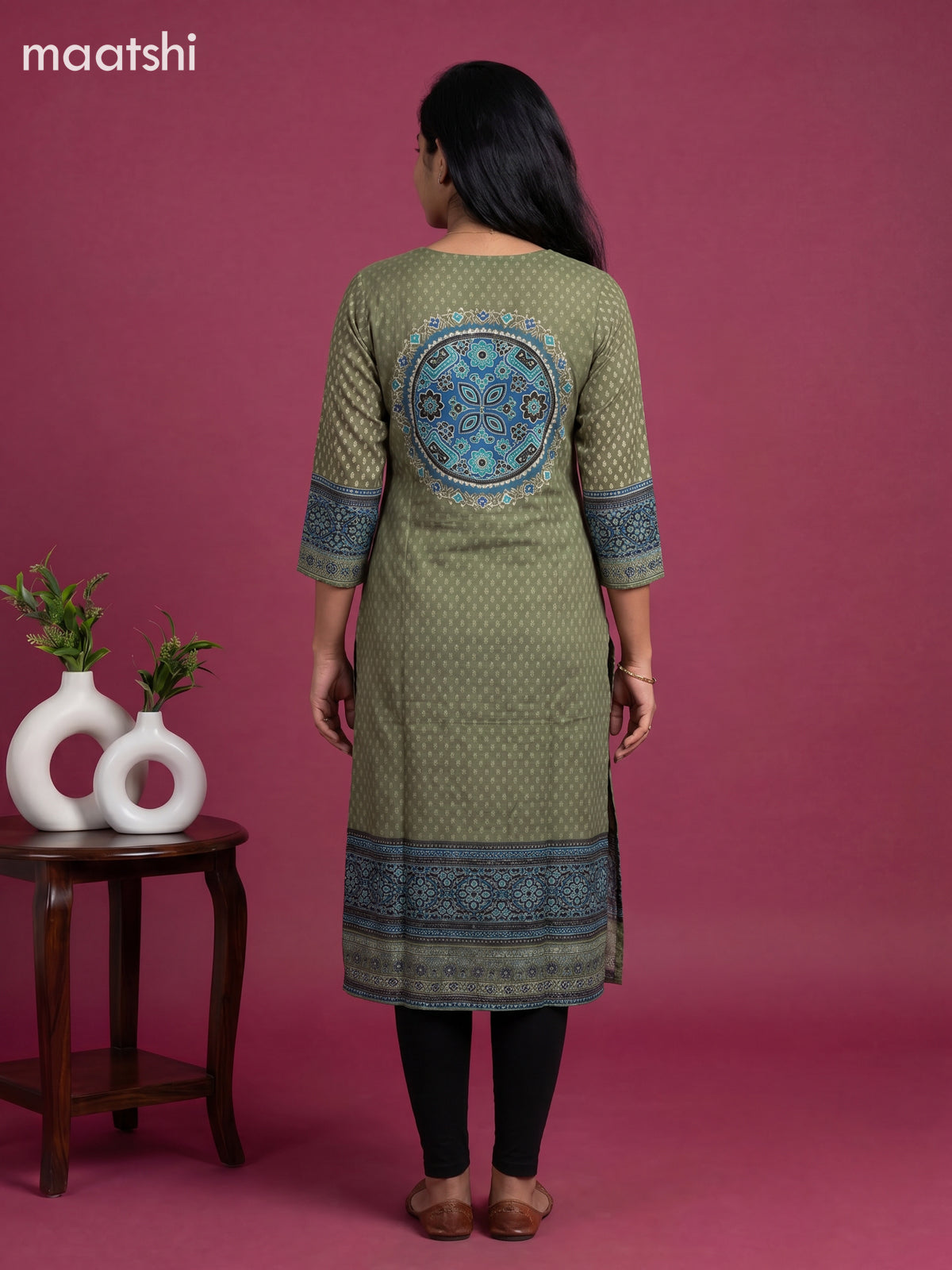 Mehandi Green and Light Blue Muslin Printed Staight Kurti