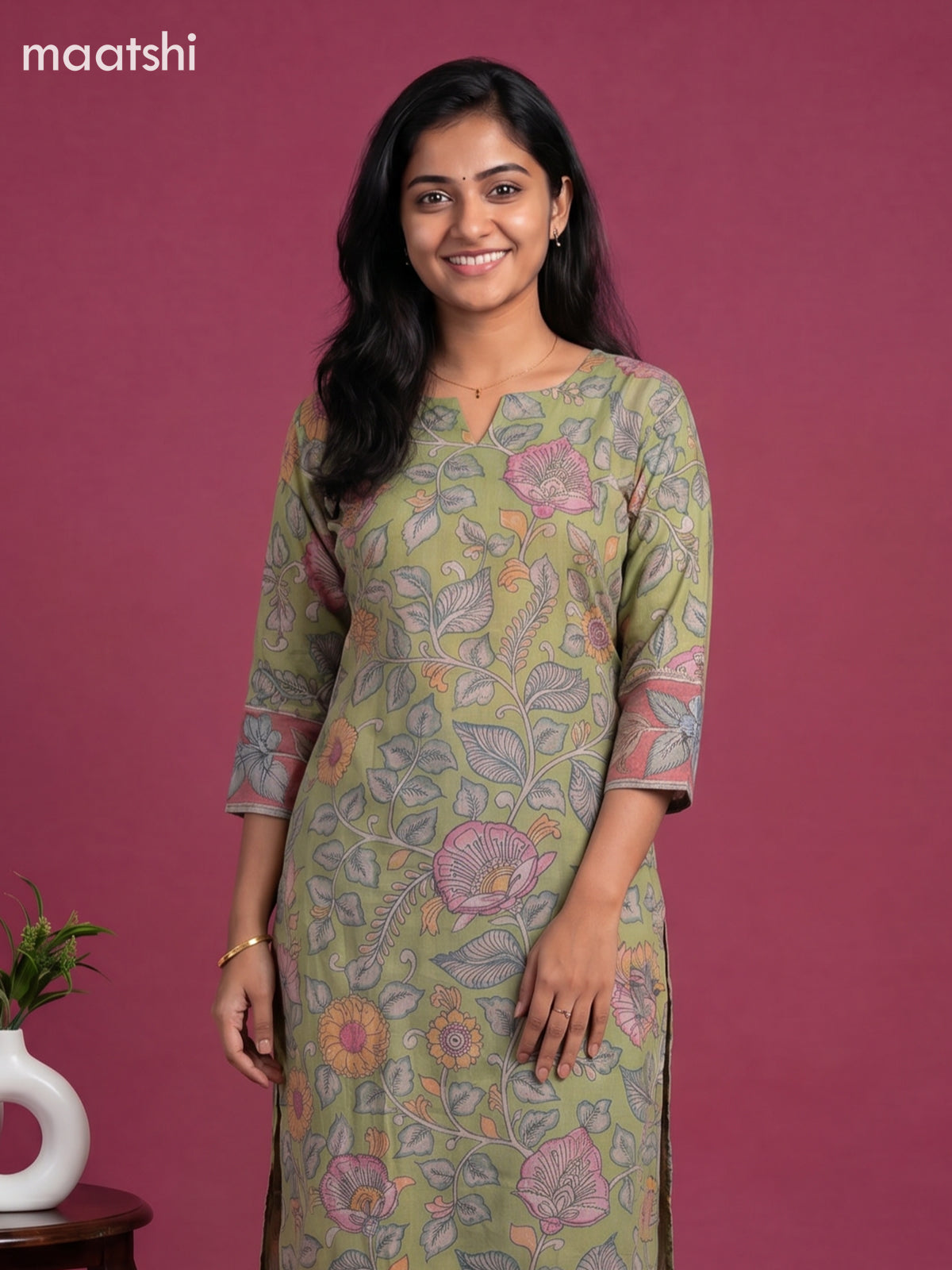 Light Green Muslin Kalamkari Printed Staight Kurti
