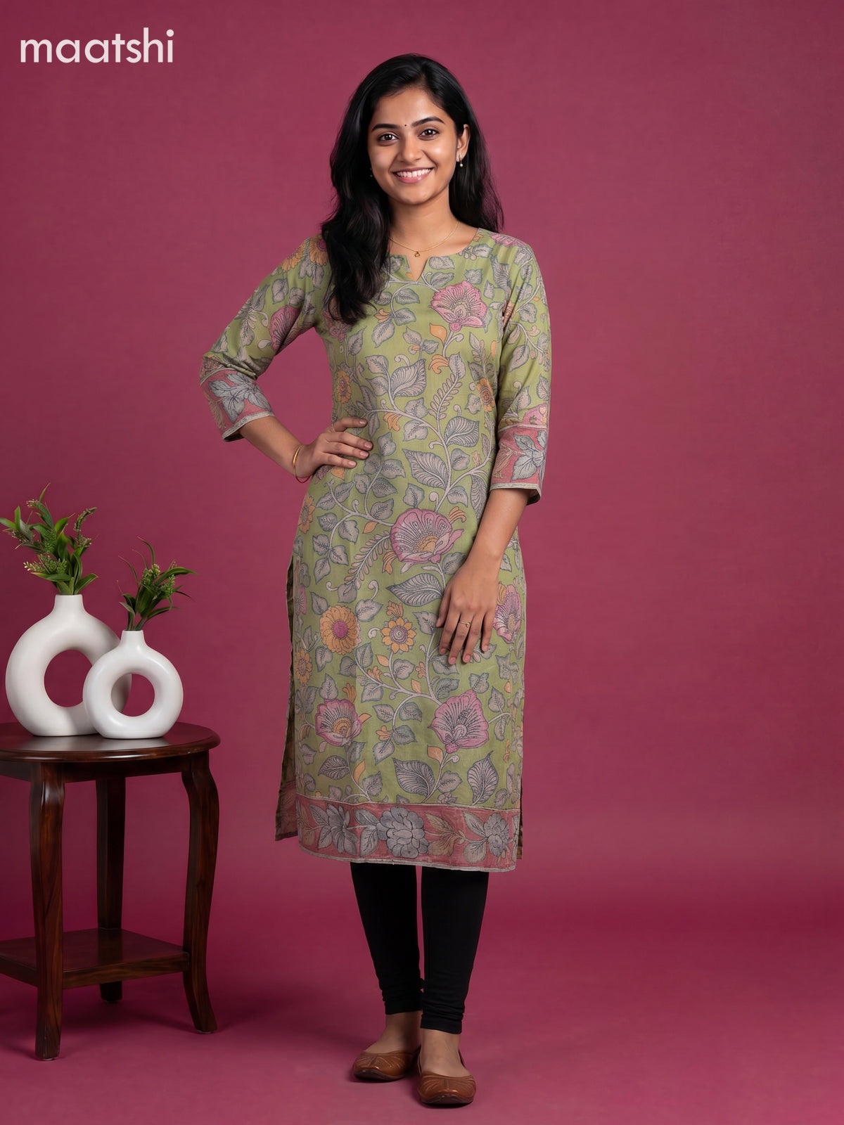 Light Green Muslin Kalamkari Printed Staight Kurti