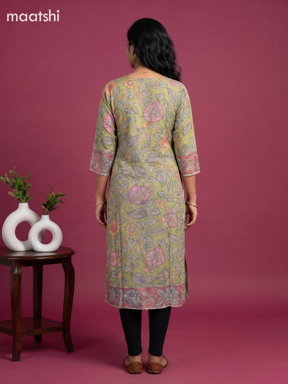 Light Green Muslin Kalamkari Printed Staight Kurti