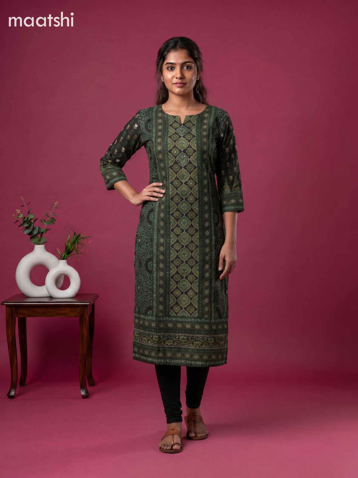 Mehandi Green and Black Muslin Printed Staight Kurti