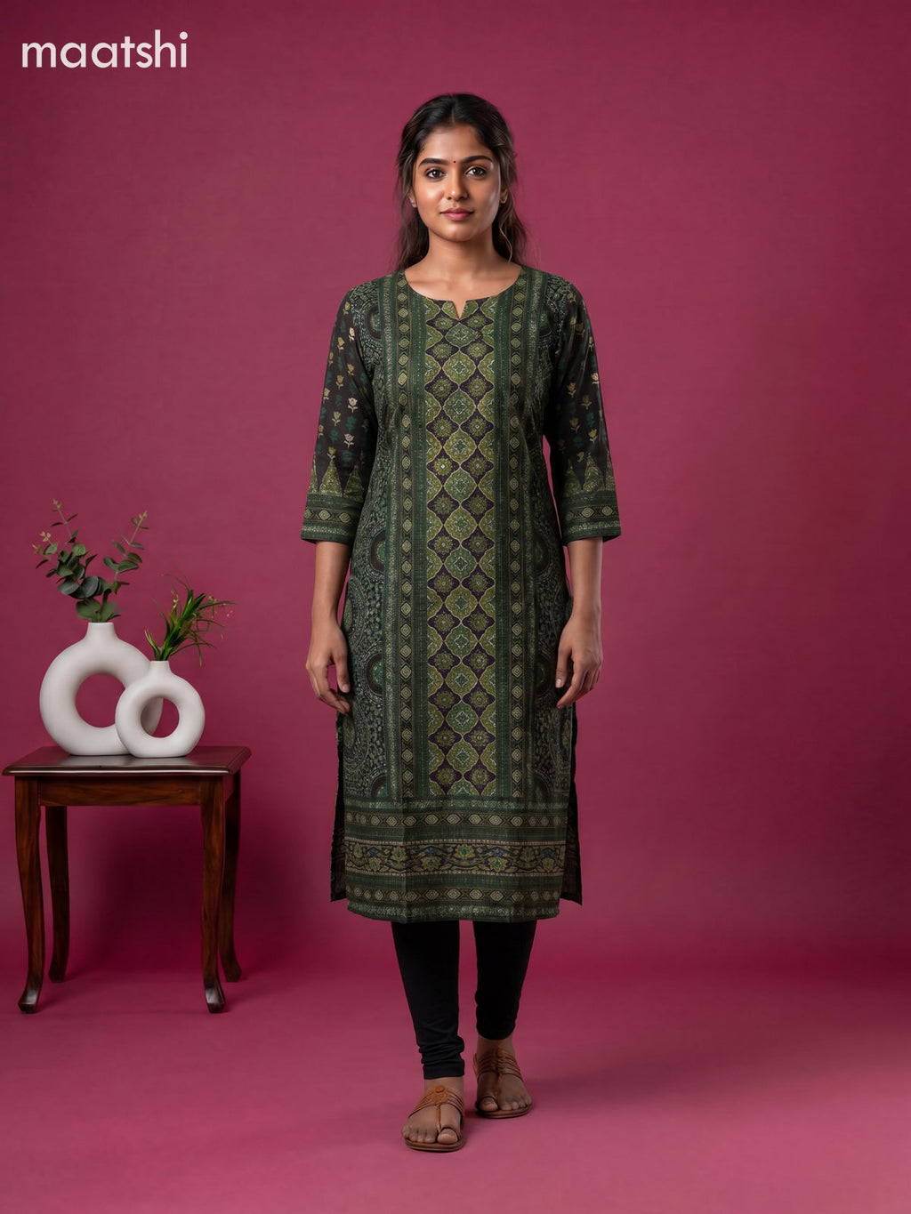 Mehandi Green and Black Muslin Printed Staight Kurti
