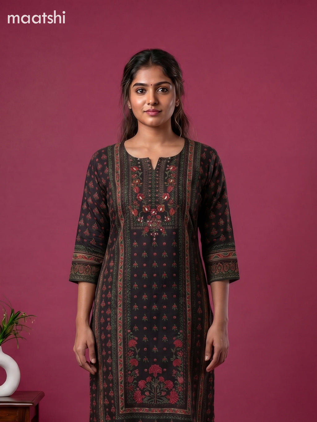 Black and Peach Pink Muslin Printed Staight Kurti