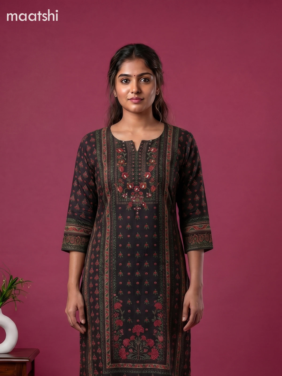 Black and Peach Pink Muslin Printed Staight Kurti
