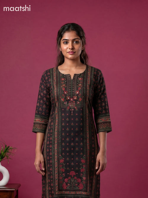 Black and Peach Pink Muslin Printed Straight Kurti
