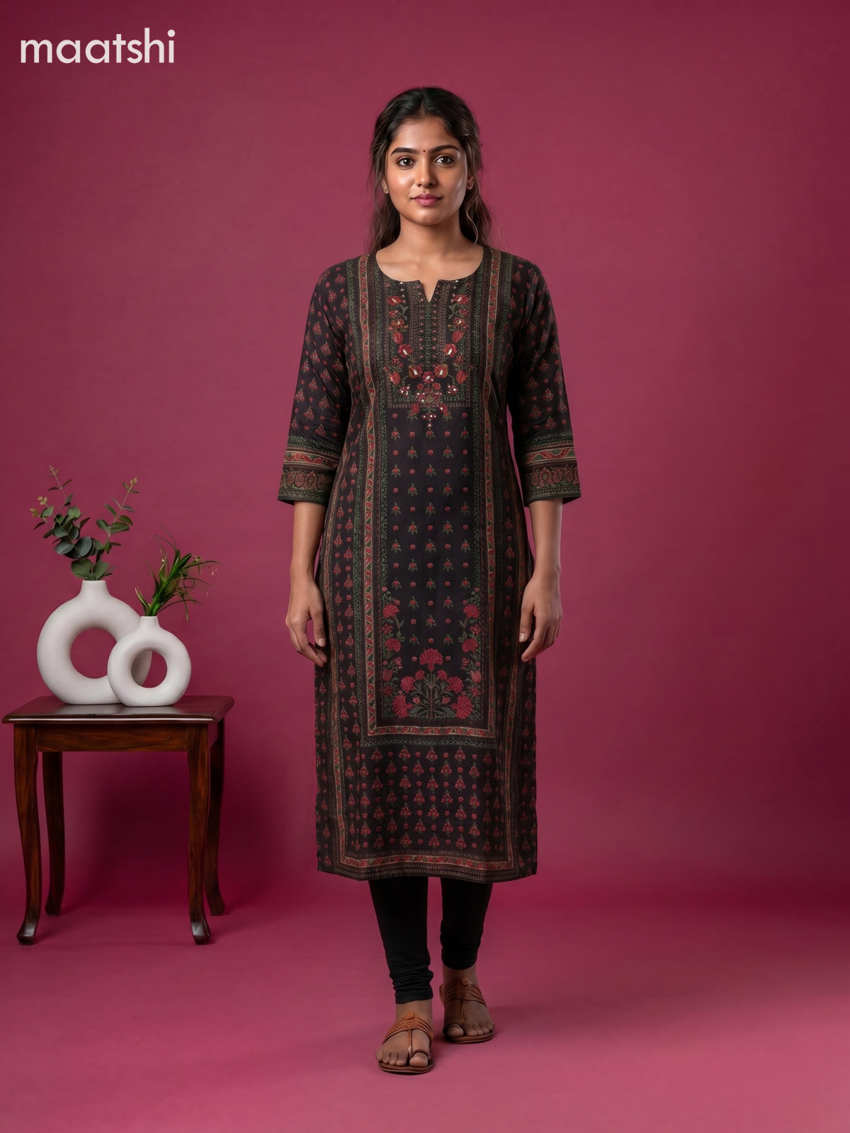 Black and Peach Pink Muslin Printed Staight Kurti
