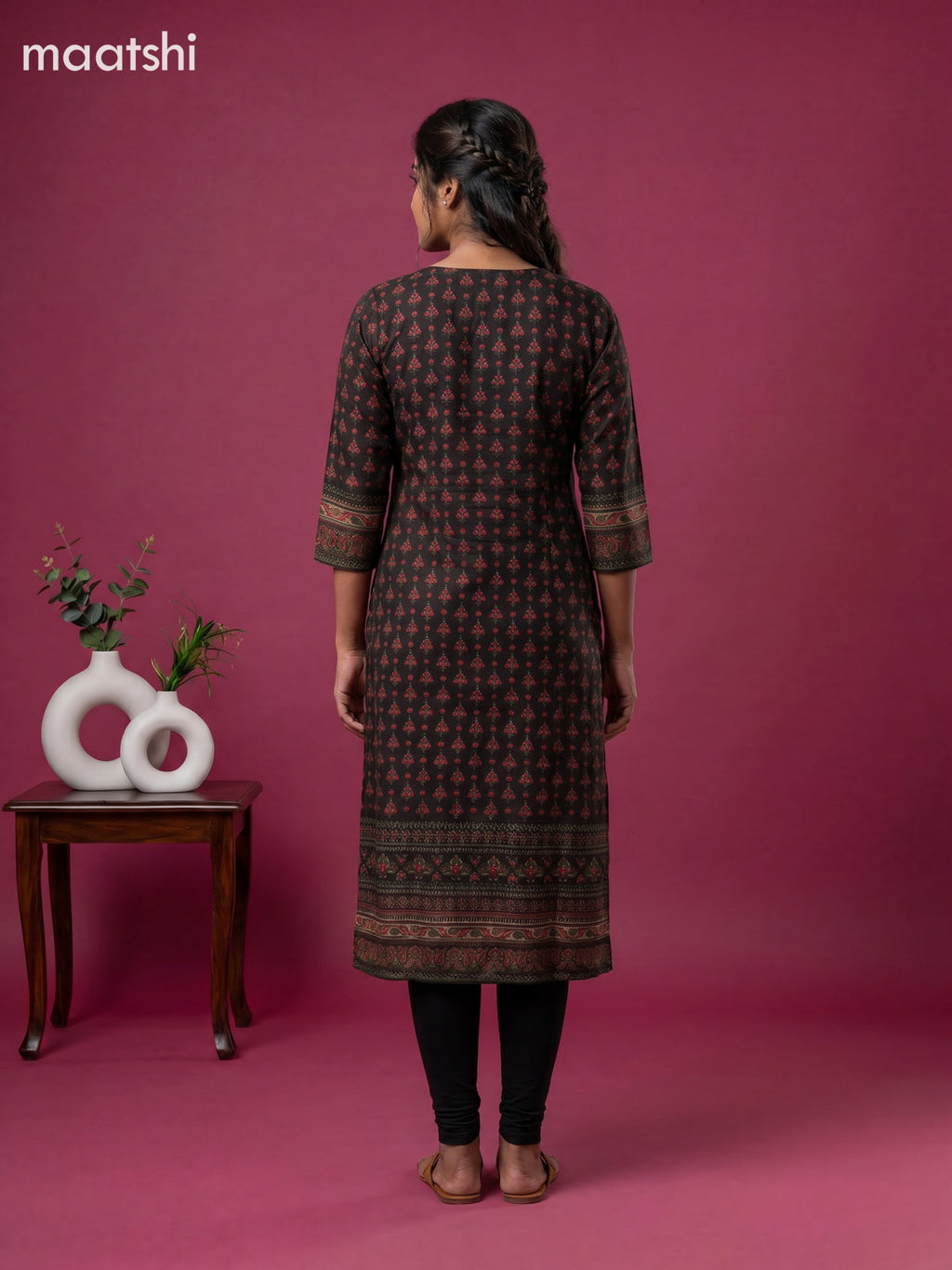 Black and Peach Pink Muslin Printed Staight Kurti