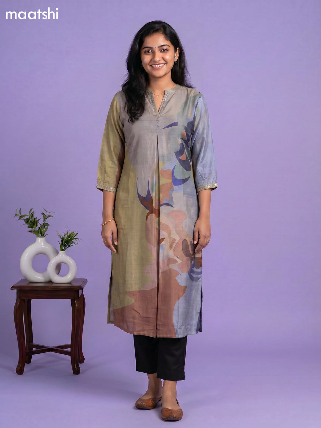 Grey and Multi Colour Art Tussar Embroidry Work Straight Kurti