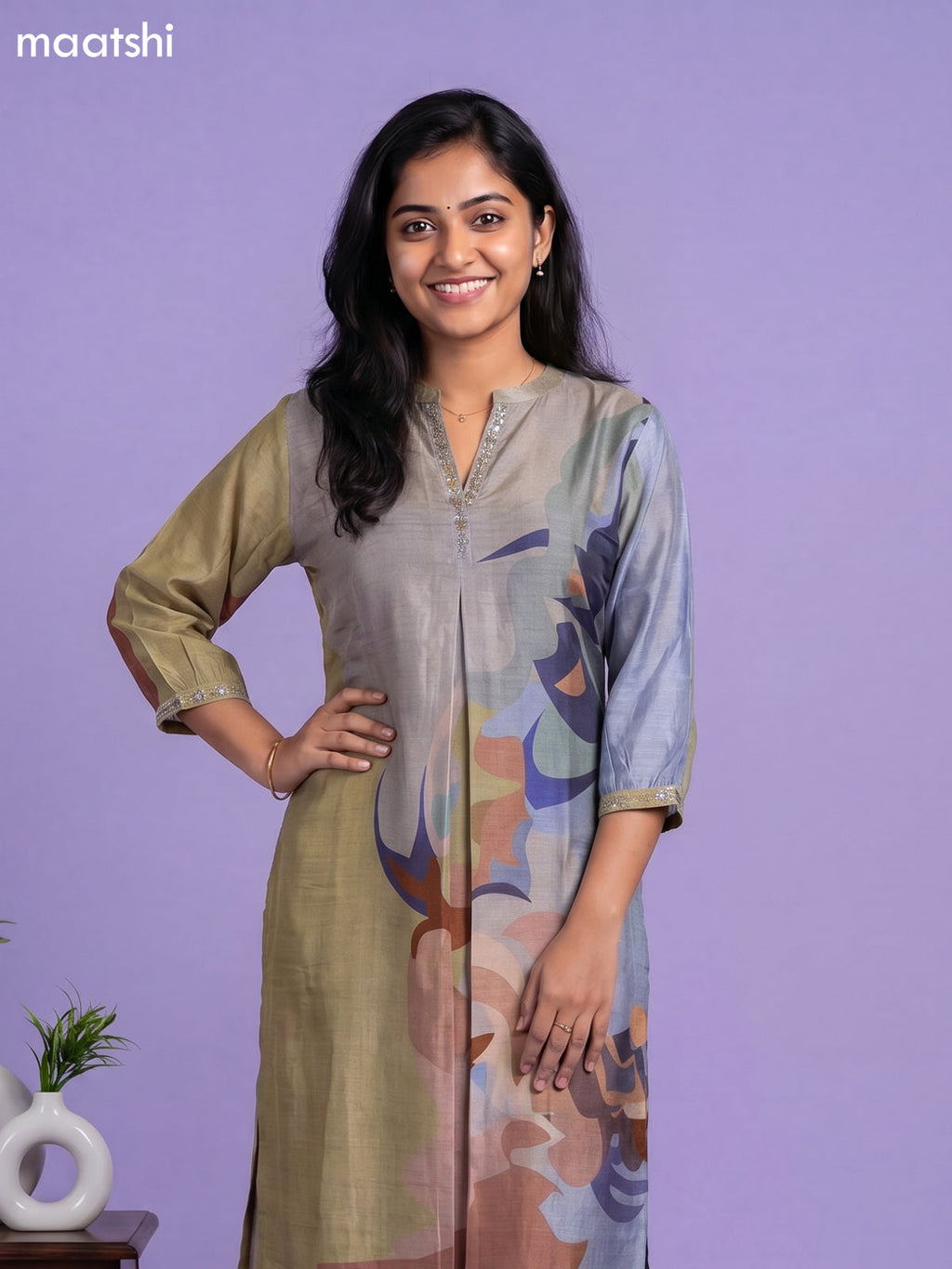 Grey and Multi Colour Art Tussar Embroidry Work Straight Kurti