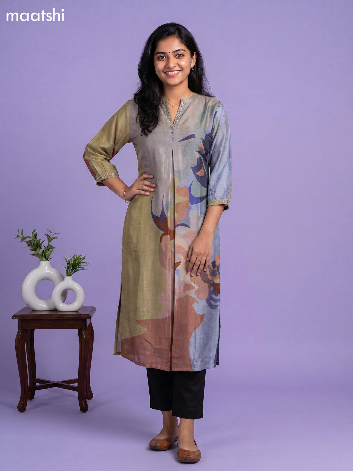 Grey and Multi Colour Art Tussar Embroidry Work Straight Kurti