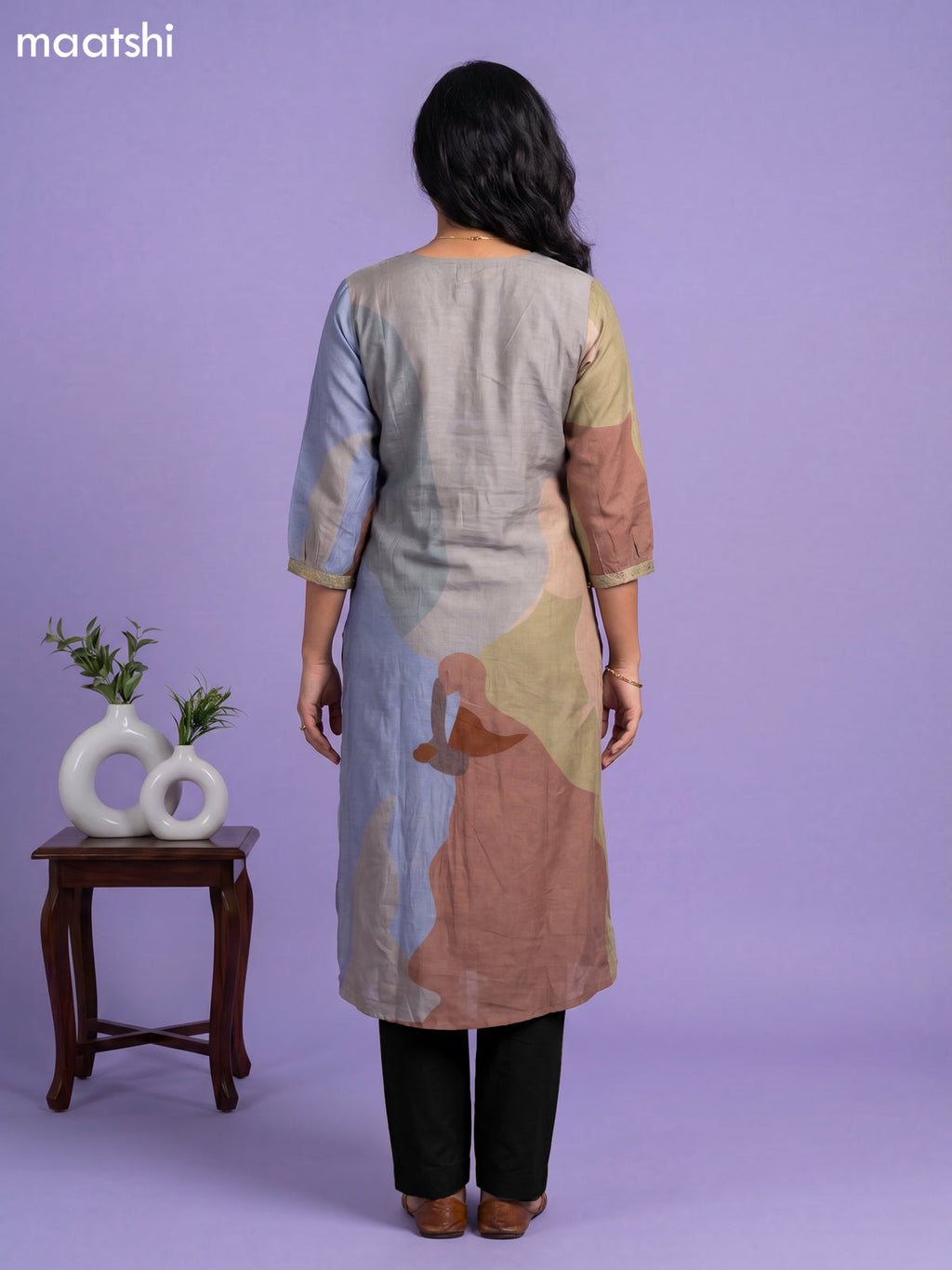 Grey and Multi Colour Art Tussar Embroidry Work Straight Kurti