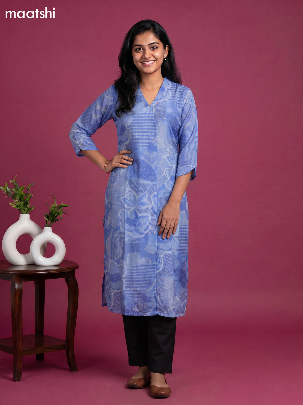 Blue Art Tussar Printed Straight Kurti