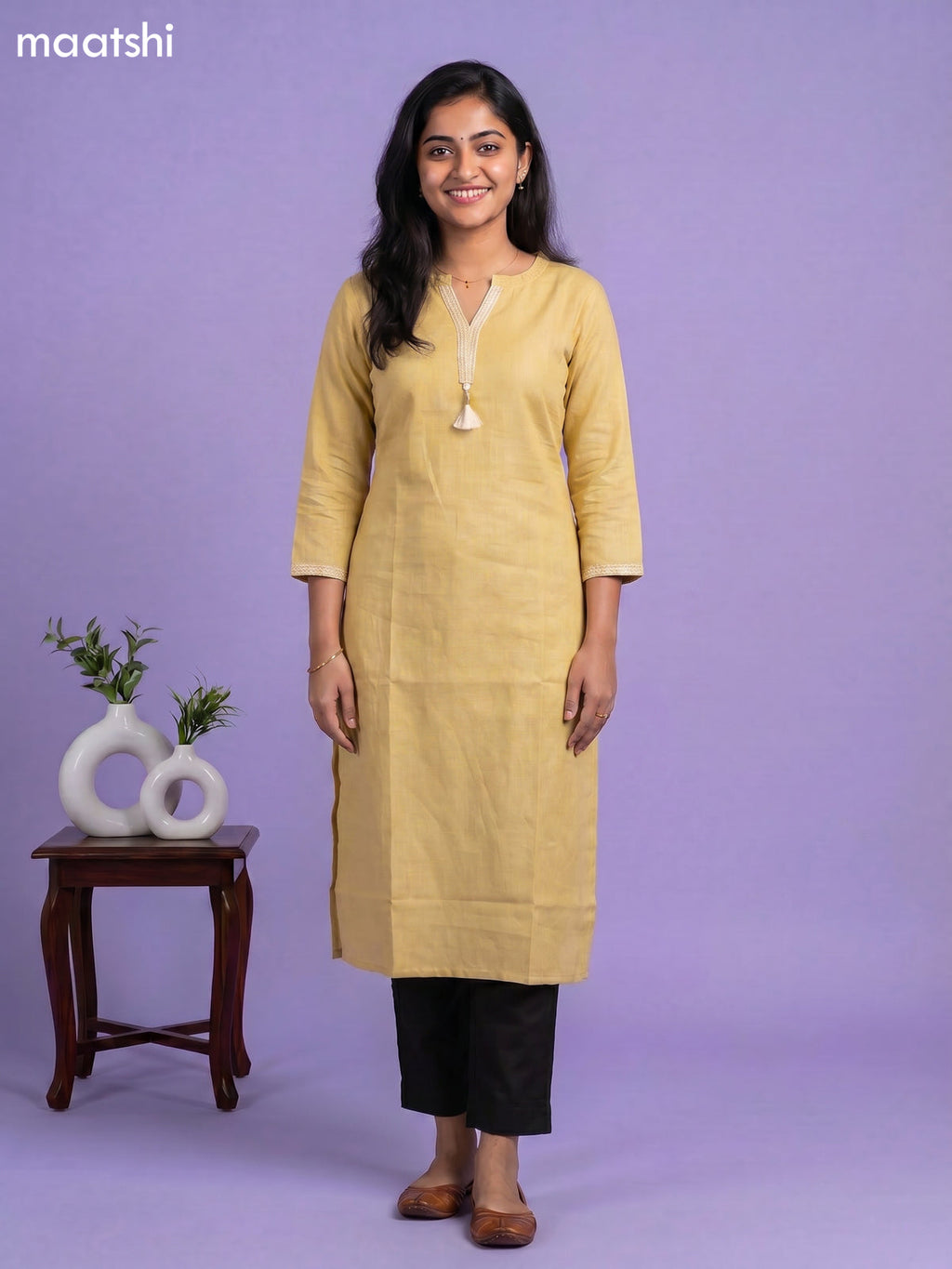 Pale Yellow Linen Cotton Simple Embroidery Work Straight Kurti