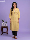 Pale Yellow Linen Cotton Simple Embroidery Work Straight Kurti