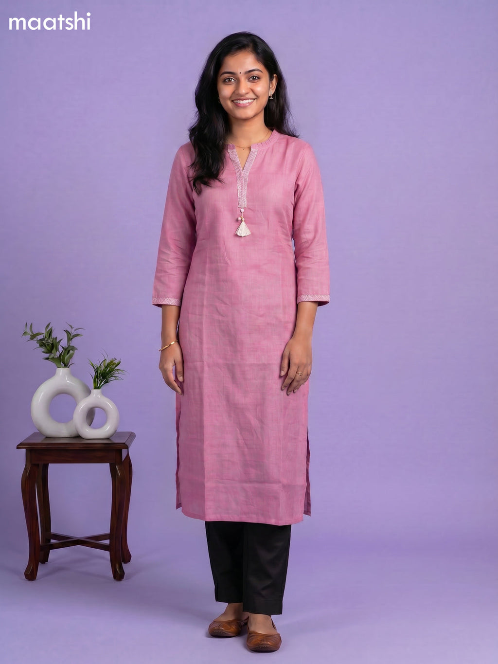 Lotus Pink Linen Cotton Simple Embroidery Work Straight Kurti