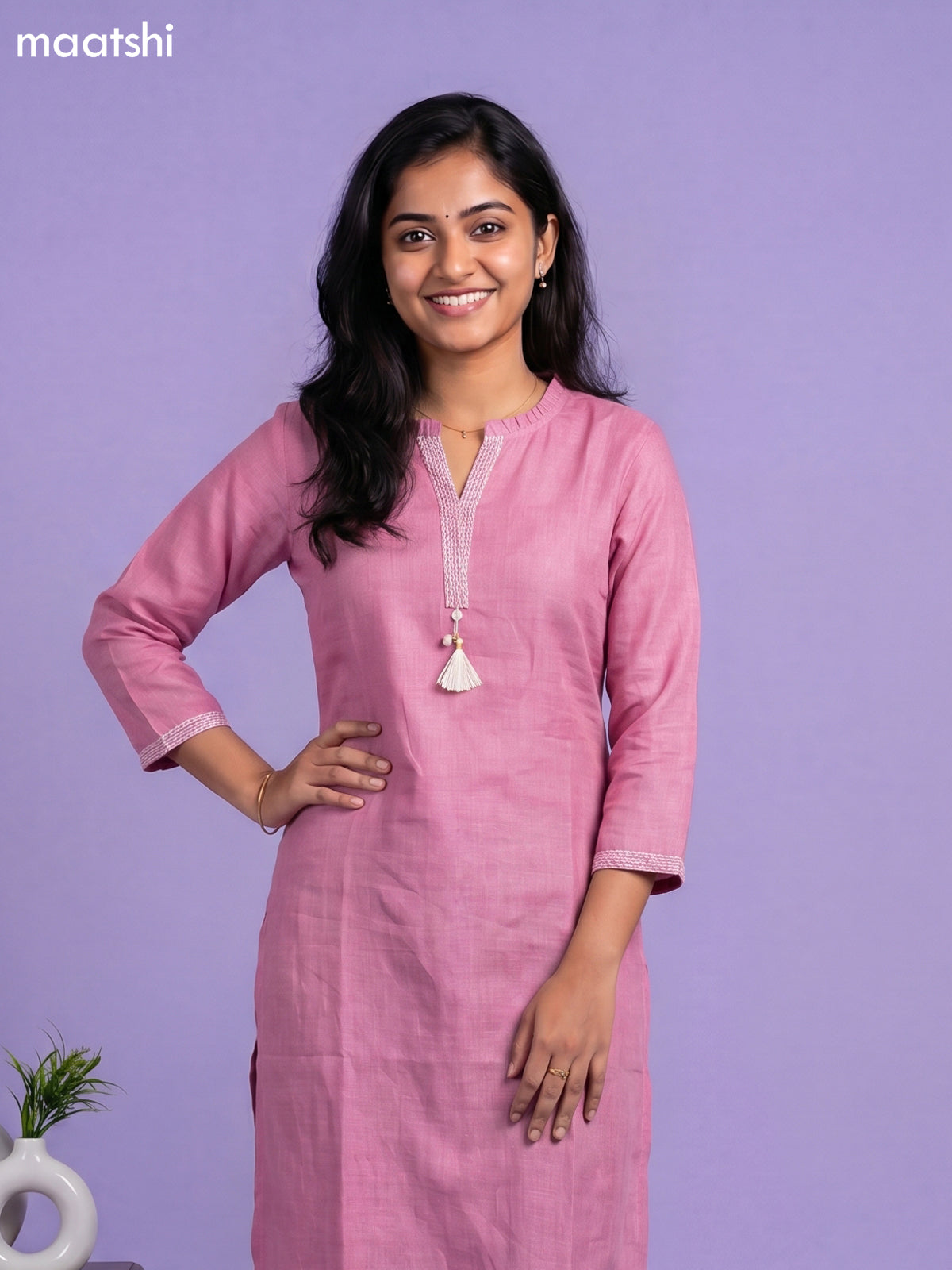 Lotus Pink Linen Cotton Simple Embroidery Work Straight Kurti