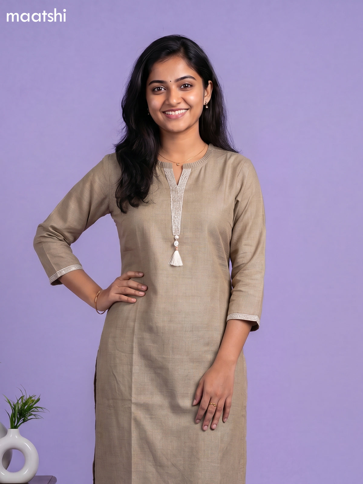 Pastel Green Linen Cotton Simple Embroidery Work Straight Kurti