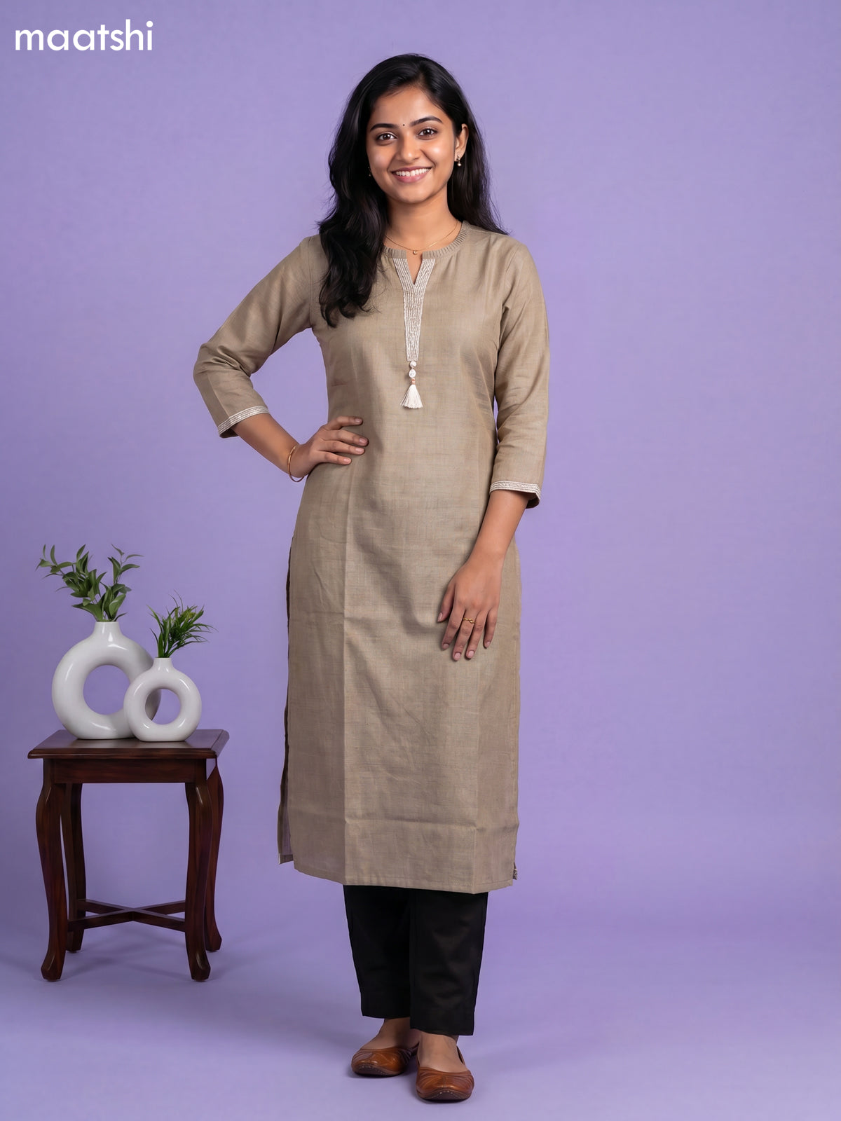 Pastel Green Linen Cotton Simple Embroidery Work Straight Kurti