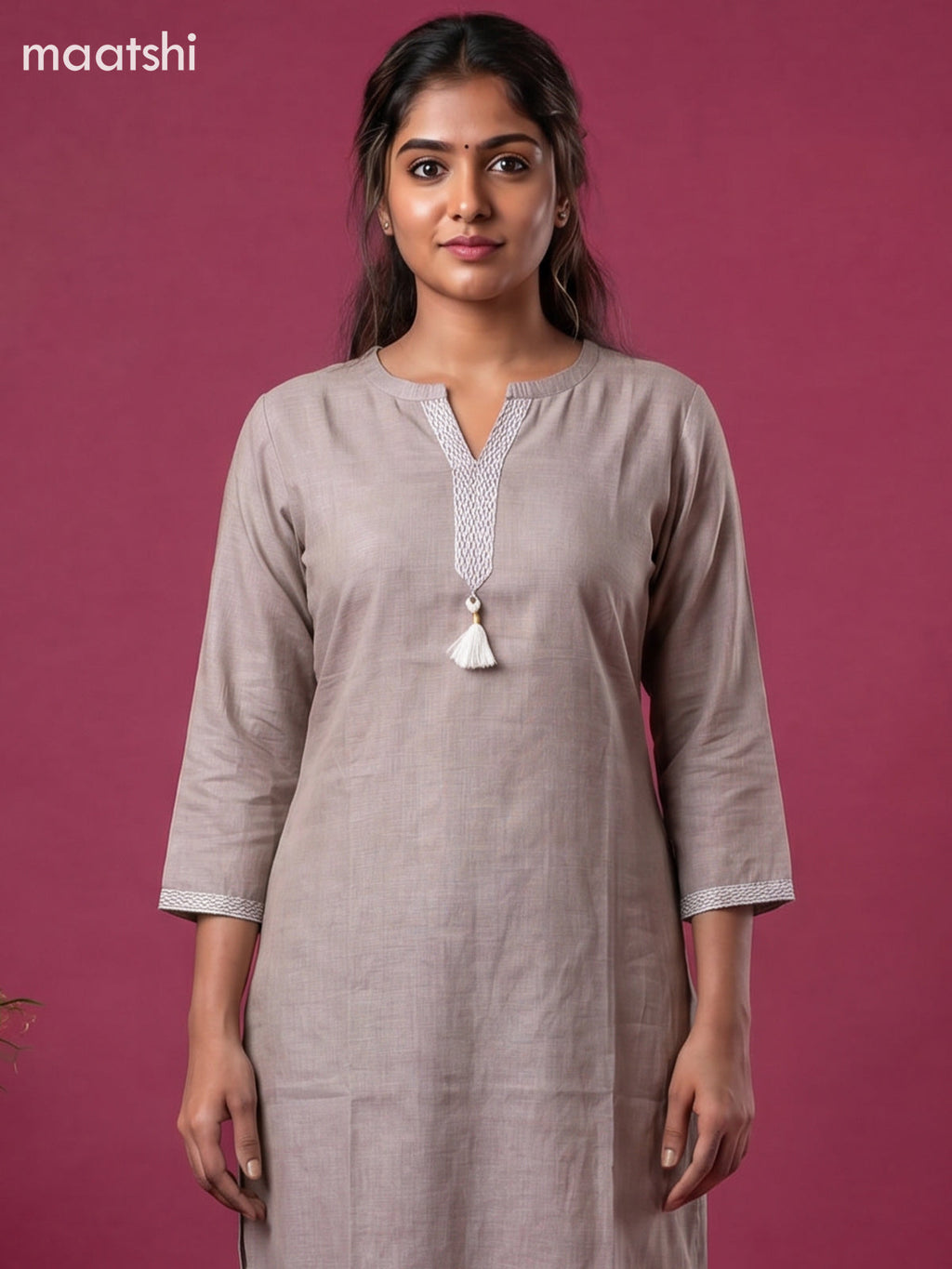 Grey Linen Cotton Simple Embroidery Straight Kurti