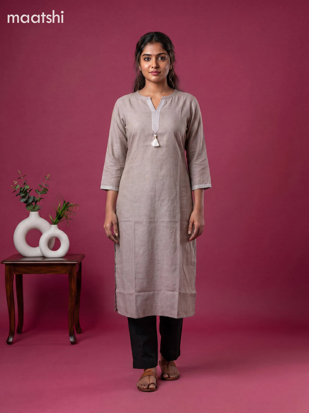 Grey Linen Cotton Simple Embroidery Straight Kurti