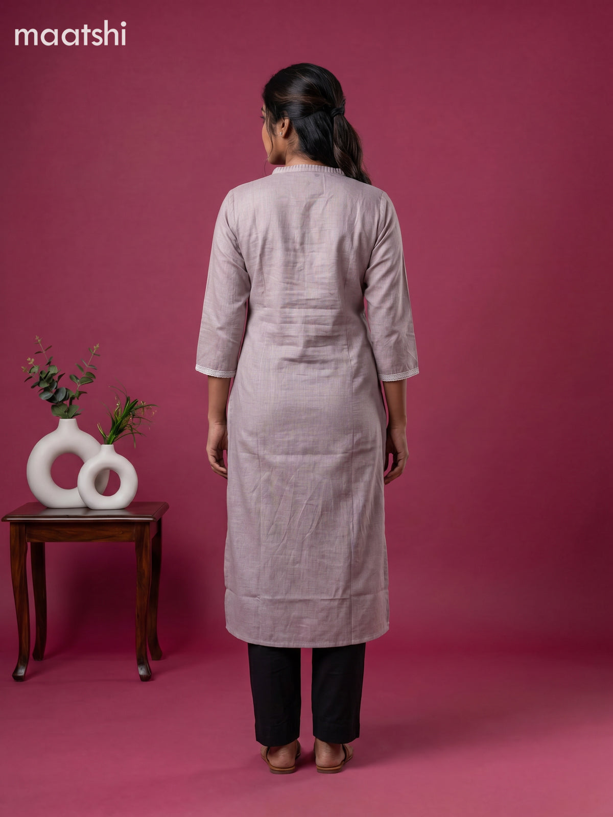 Grey Linen Cotton Simple Embroidery Straight Kurti