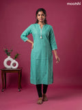 Teal Green Linen Cotton Simple Embroidery Straight Kurti
